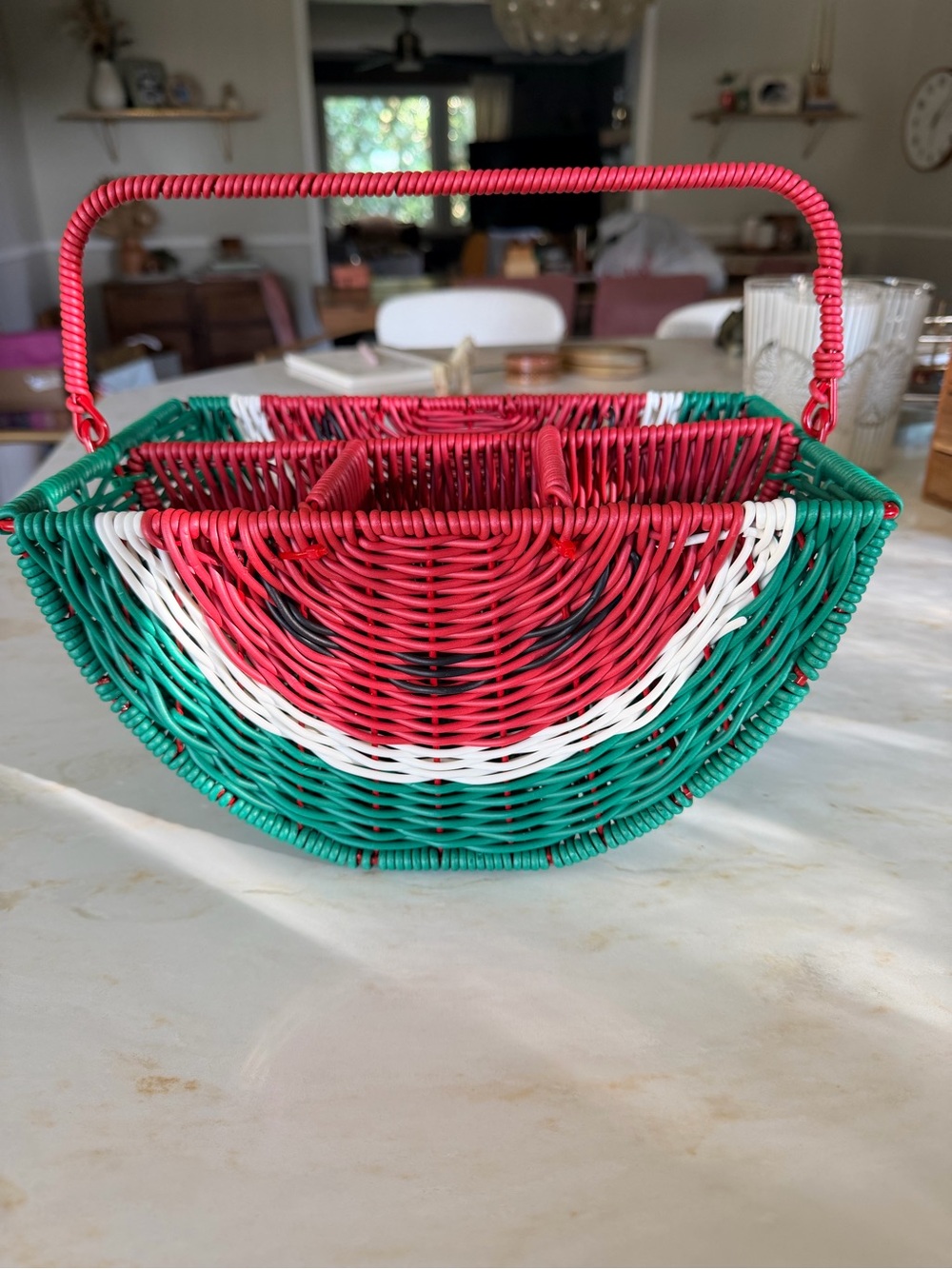 Handwoven Watermelon-Pattern Wicker Basket  - Green & Red